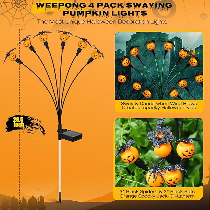 Halloween Decorations Outdoor 4 Pack Solar Lights 24 LED Scary Pumpkin Swaying Firefly Lights with Spider &amp Bats for Outside Garden Yard Lawn Grave Cemetery Ghost Decor Party Orange