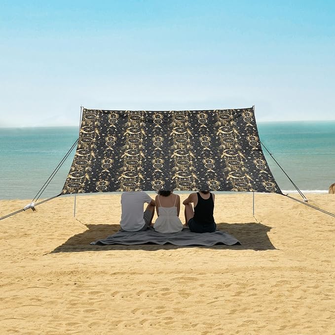 ALAZA Gold Dreamcatcher Moon Beach Tent Sun Shelter UPF50+ Protection Beach Shade Canopy w/ 4 Sandbags for Outdoor Camping Fishing Backyard Fun Picnic 10x9 ft