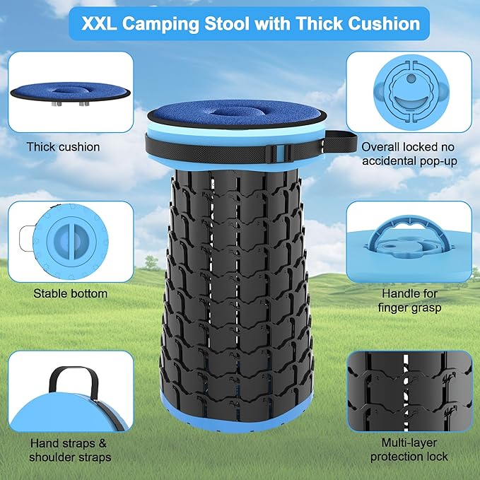 ALEVMOOM Upgraded XXL 19.7 Collapsible Stool with Cushion Heavy Duty Portable Folding Stool Max Load 1000 lbs Retractable Telescoping Foldable Seat Chair for Camping Fishing Travel