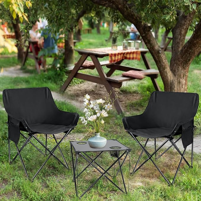 Leonyo 2 Pcs Portable Camping Chairs for Adults Oversized Lawn Chair with Folding Camping Table for Outdoor Sports Fishing Rv Travel Beach Picnic – Black