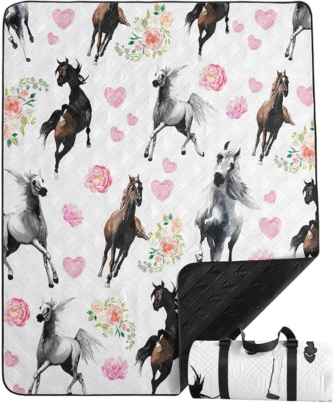 Outdoor Picnic BlanketPortable Sandproof Waterproof Picnic MatGalloping Horses Printed Camping Beach Mat for Sand and Wet Grass Hiking (Galloping Horses L)