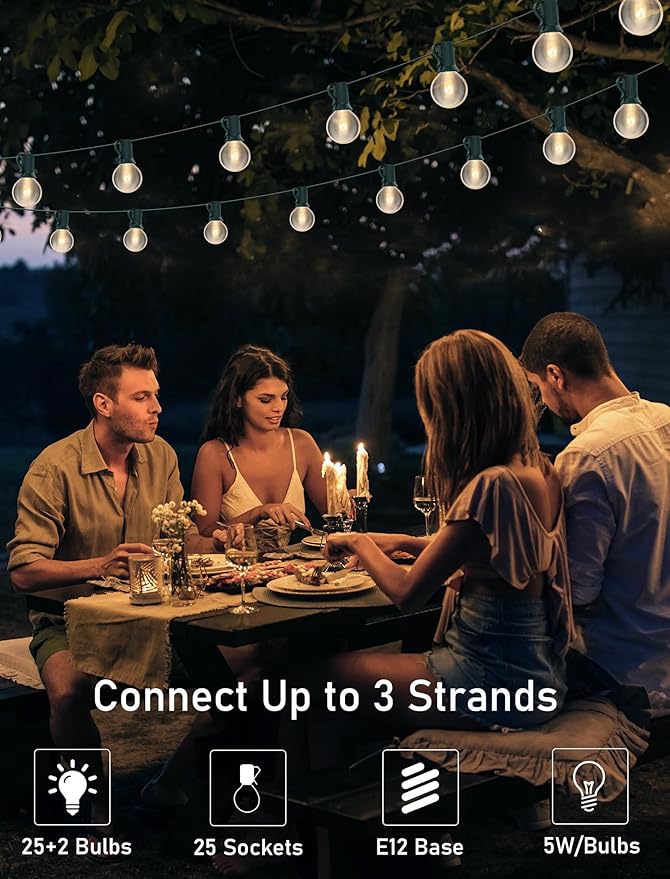 25FT Outdoor String Lights with 27 Clear Bulbs G40 Globe Patio String Lights for Indoor/Outdoor Connectable Hanging Lights for Backyard Porch Balcony Party Decor - Green Wire