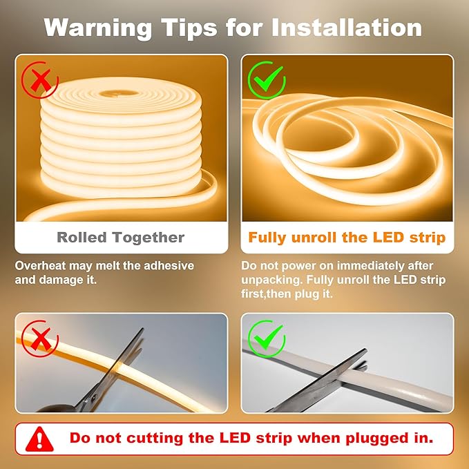 IP67 Waterproof COB LED Strip Lights AC 110V-120V Direct Plug 66FT Super Bright Outdoor Strip Lights with Double Fuse Controller 2700K Warm White LED Strips for Garden Patio Commercial Decor