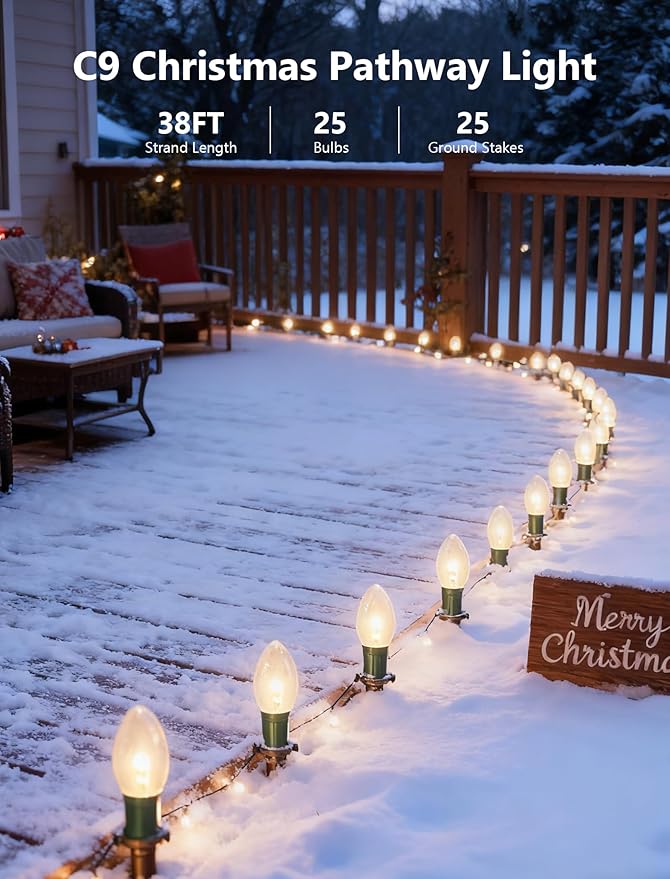 C9 Christmas Pathway Lights Outdoor 38Ft Outside Christmas Decorations with 25 7W Clear Bulbs and Stakes Waterproof Walkway String Lights for Outside Driveway Sidewalk Yard Path Holiday Xmas Decor
