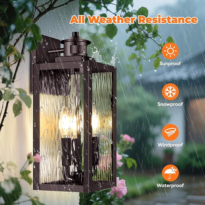 3-Light Motion Sensor Outdoor Wall Light Waterproof Exterior Wall Sconce Light Fixture with Water-Rippled Glass Dusk to Dawn Brown Outside Wall Lantern for House Porch PatioBulbs Not Included