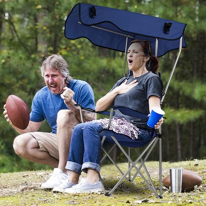 Camping Chair with Canopy Outdoor Folding Lounge Chair with Adjustable UPF 50+ Sun Shade &amp Cup Holder Portable Camping Recliner for Camp Beach Outdoor Sports 350LB Max Support - U.S Spot