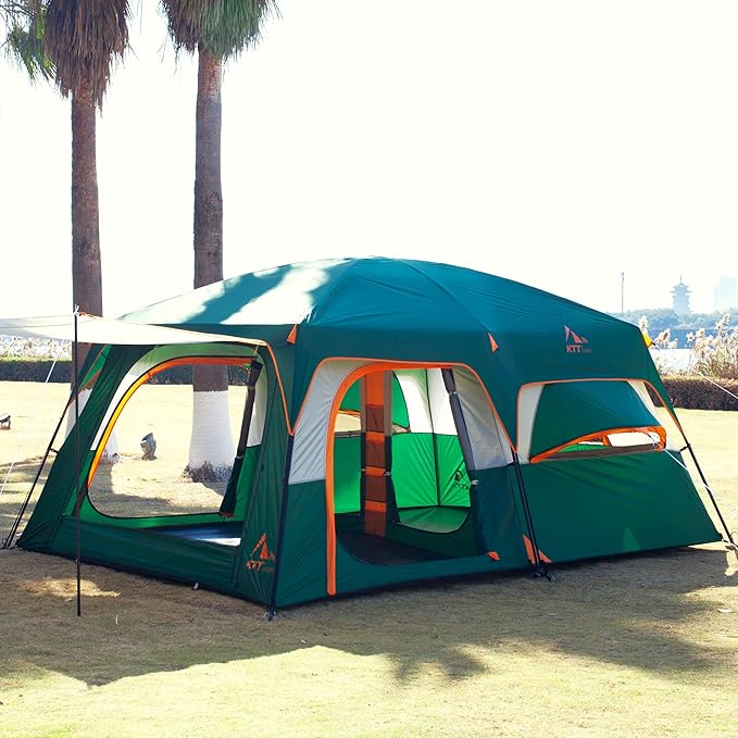 KTT Extra Large Tent 12 PersonFamily Cabin Tents2 Rooms3 Doors and 3 Windows with MeshStraight WallWaterproofDouble LayerBig Tents for OutdoorPicnicCampingFamily Gathering.