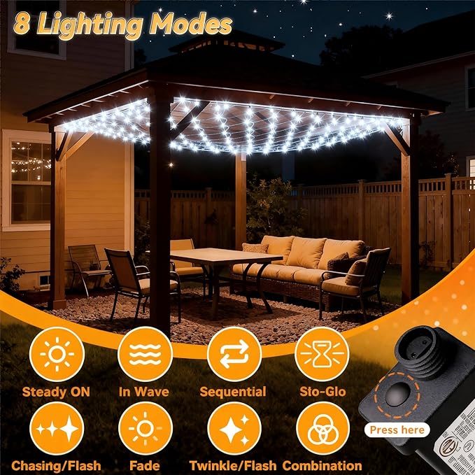 10FT x 10FT Gazebo Net Lights Outdoor 280 LED Cool White Gazebo Lighting Outside Waterproof with 8 ModesTimer Mesh Light Plug in for Bushes Pergolas Garden Decorations