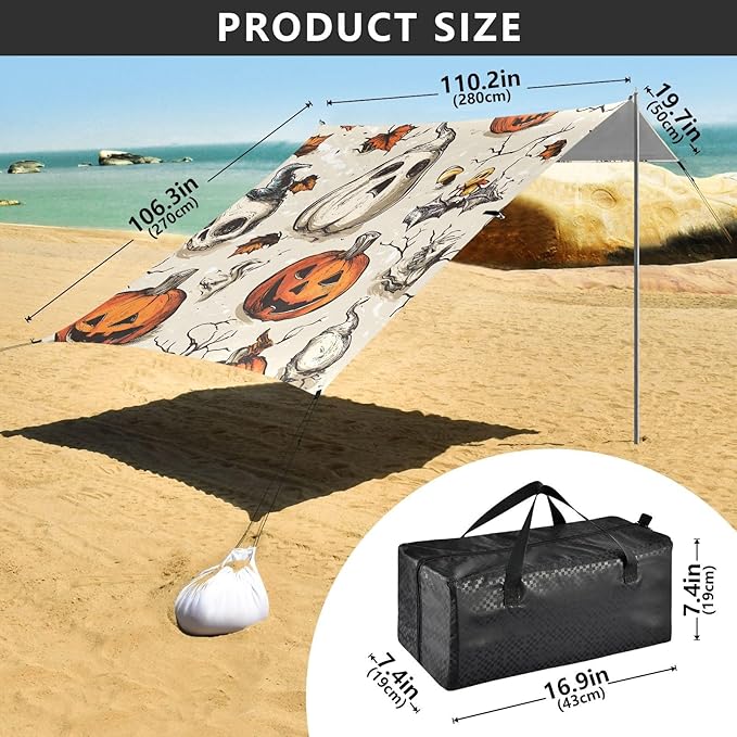 ALAZA Halloween Pumpkin Skull Beach Tent Sun Shelter UPF50+ Protection Beach Shade Canopy w/ 4 Sandbags for Outdoor Camping Fishing Backyard Fun Picnic 10x9 ft