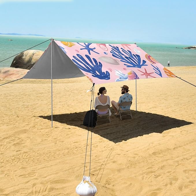 Summer Marine Colorful Seashells Camping Sun Shelter Beach Tent Portable Beach Sun Shade Outdoor Canopy for Camping Trips Fishing Picnic