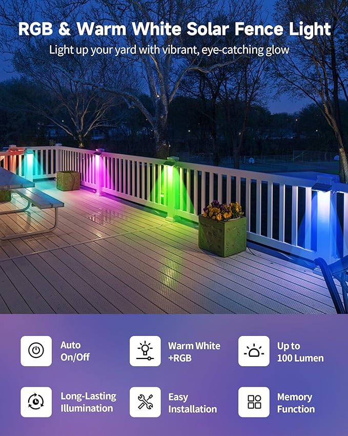 Solar Fence Lights 16 Pack Outdoor IP65 Waterproof LED RGB Fence Lights Solar Powered 7 Colors for Wall Patio Deck Backyard Garden Pool Railing