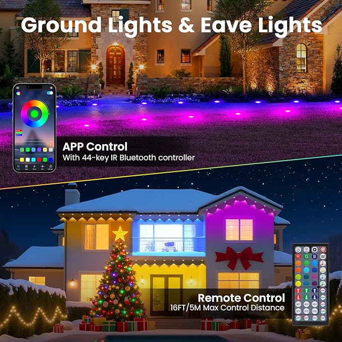 Outdoor Ground Lights 150 FT Permanent Outdoor Lights for House with RGB Color Changing Bluetooth Music Sync IP67 Waterproof Timer for Eaves and Landscape Lighting