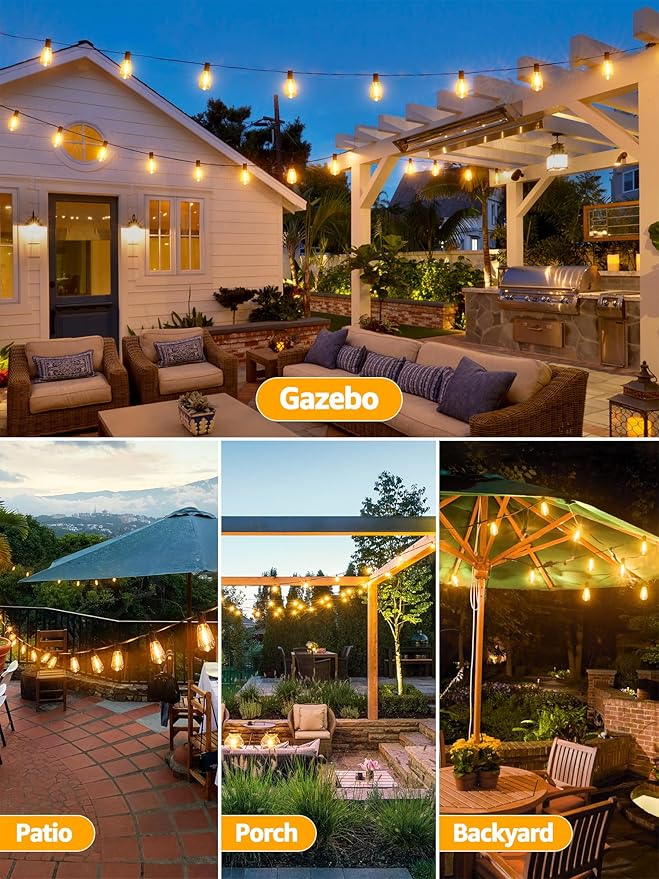 Outdoor String Lights Dimmable with Remote 100 FT Outdoor Lights with 2 Timer and 3 Mode Waterproof &amp Shatterproof Patio Lights 2200K Energy Saving String Lights 3 Spare Bulbs for Patio Yard