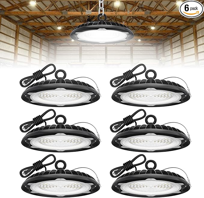 HYPERLITE UFO LED High Bay Light: 150W 19500LM High Bay LED Shop Lights with 6ft Plug - 5000K IP65 LED Warehouse Lights for Workshop Stadium Garage Lighting 6-Pack