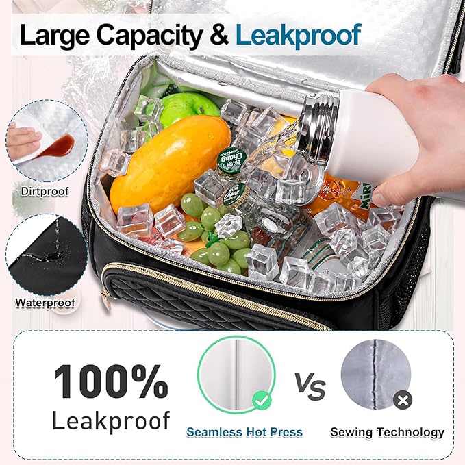 Lunch Bags for Women Dual Compartment Lunch Box Lunch Bag for Work Leakproof Lunch Cooler Large Insulated Lunchbox for Adult for Women Men Lunchbag for Picnic Beach (Black)