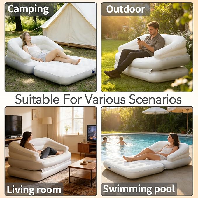 Full Size Inflatable Sofa Bed with Air Pump2-in-1 Blow-Up Couch and Folding Air Mattress Bed for HomeCampingand Guests