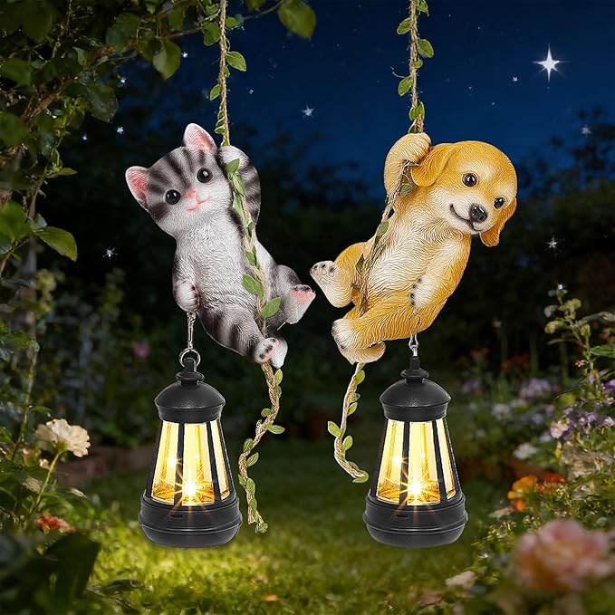 Set of 2 Solar Hanging Statue Outdoor Resin Black White Cat &amp Golden Retriever Dog Figurine with LED Lights Animal Ornament for Garden Fence Porch Patio Yard Decor