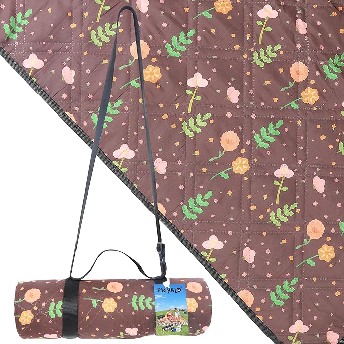 Outdoor Cute Picnic Blanket Brown Floral 60x80 Sandproof Beach Blanket Waterproof Picnic Blankets Foldable for Caming Beach Outdoor Activities.