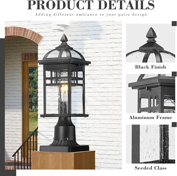 Emliviar 16 Inch Outdoor Lamp Post Light Fixture Modern Outdoor Pillar Light for Outside Waterproof Aluminum in Black Finish Seeded Glass DE281P BK
