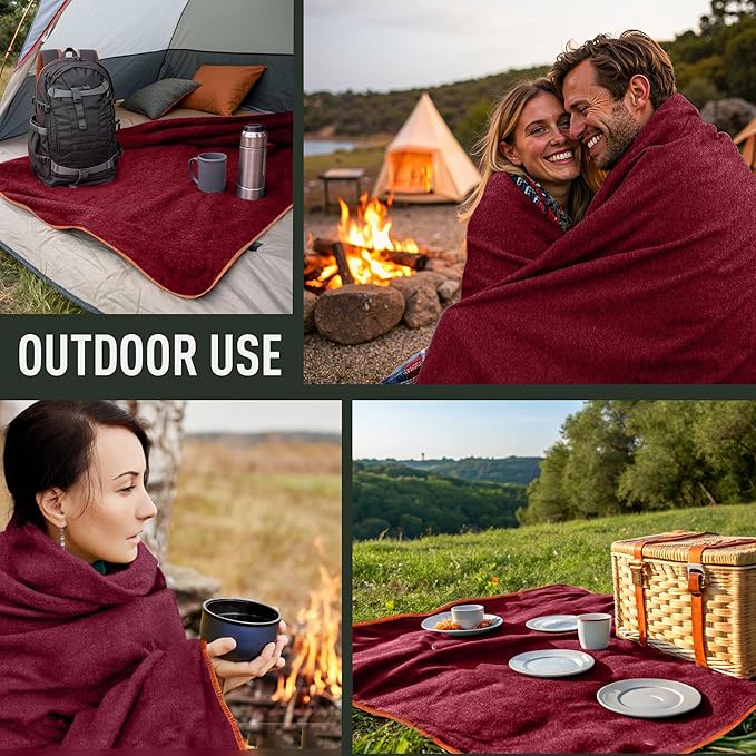 Large Military Wool Blanket - Warm &amp Thick Emergency Survival Blanket Great for Camping Outdoors Sports Events Picnics 4.5 lbs 64 x 88 (Maroon)
