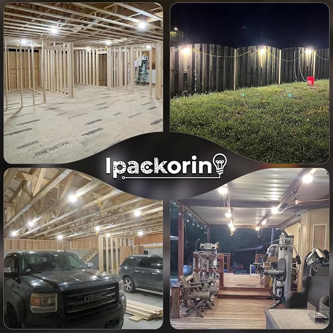 LED Construction String Lights: 50FT IP65 Waterproof ETL Certified Crawl Space Lights - 5000lm 18AWG Wire Linkable Temporary Construction Lighting for attic Lights with 5 Bulbs &amp Hooks