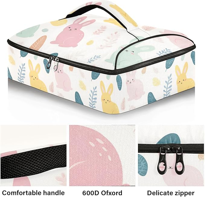 Casserole Carrier Rabbit Pattern PrintInsulated Casserole Carrier for Hot or Cold Food Thermal Lunch Tote for Potluck Parties Picnic Beach Fits 9 x 13 Inches Baking Dish