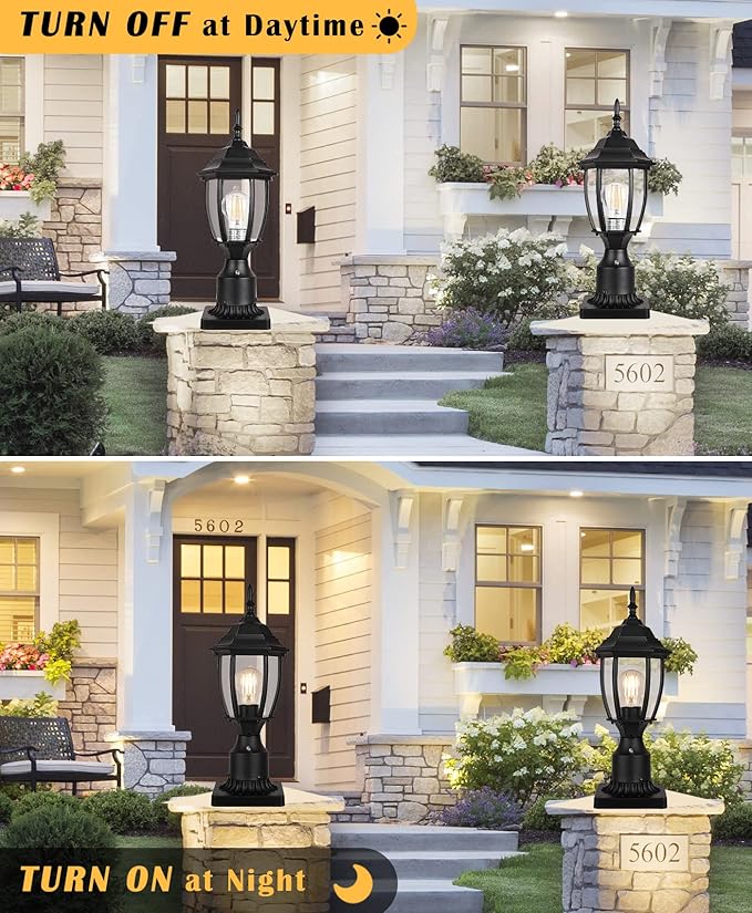 Hardwired 120V Dusk to Dawn Outdoor Post Light 2 Pack Waterproof Aluminum Pole Light Fixture with Pier Mount Base Exterior Lamp Post Lantern Head with Clear Glass for Garden Yard Patio Pathway