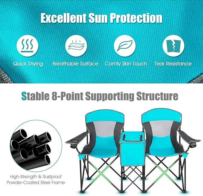 Tangkula Loveseat Camping Chair with Adjustable Shade Canopy Portable Beach Chair with Cooler Bag 2 Cup Holders Carrying Bag Foldable Double Lawn Chair for Travel Fishing Picnic (Navy)