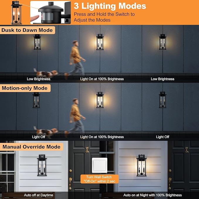 Large Motion Sensor Outdoor Sconce 2-Pack 16 Black Dusk to Dawn Wall Light Outdoor Wall Mount Fixtures 2-Light Exterior Waterproof Wall Lights Doorway House Front Door Patio Garage