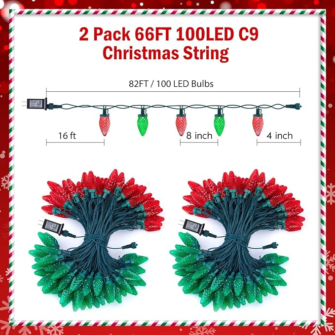 C9 LED Christmas String Lights - 82ft 100 LED Outdoor String Lights with Timer and 8 Lighting Modes Plug in Extendable Roofline Lights String for Outside Yard Porch Christmas Holiday Decoration