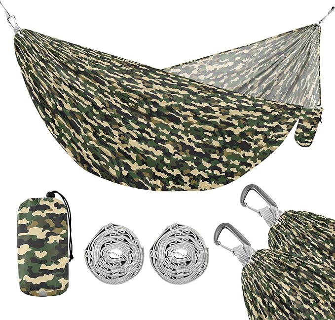 ALAZA Army Camo Green Camouflage Camping Hammocks Single or 2 Person 500 lbs Portable Parachute Travel Hammock w/Tree Straps for Hiking Backpacking Indoor Outdoor