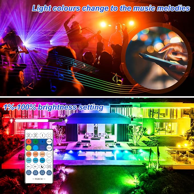 RGB LED Flood Light Outdoor 1000W Equivalent 100W Bluetooth RGBCW Smart Floodlights 2700K 16 Million Color Changing Timing Music Sync IP66 Waterproof Landscape Light with US Plug (2 Pack)