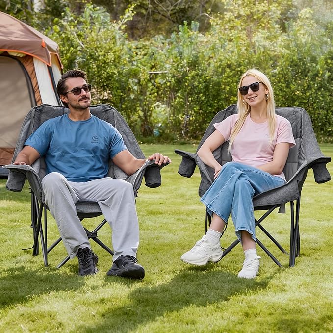 2 Pack Oversized Camping Chair Portable Folding Padded Camp Chairs with Side Pocket Cup Holder Heavy Duty Support 500LBS Outdoor Lounge Chair for Adults Fishing Sports Trip Grey