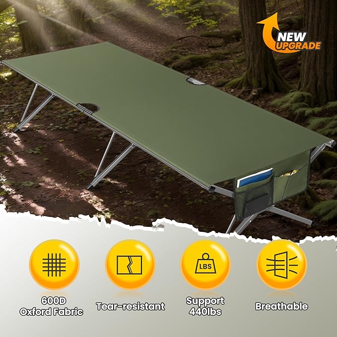 Oversized Camping Cot for Adults - Non-Assemble Folding Camping Bed Extra Wide for Outdoor Support up to 6.9ft or 450lbs with Storager Bag 82” L x 32” W(Green)