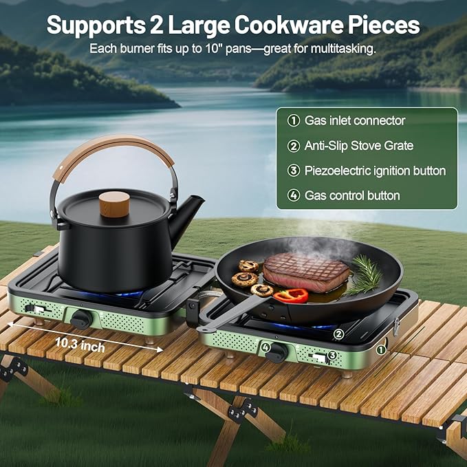 Portable Camping stove 2 Burner Foldable Camping Stove with Griddle and Carrying Bag &amp Hose 8600BTU Portable Propane Camp Stove with Ignition &amp 2 Adjustable Burnersfor Camping Tailgating BB
