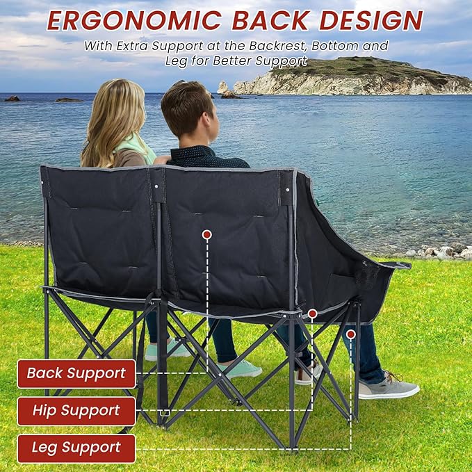 DoCred Heated Double Camping Chair Heated Folding Camping Chairs Loveseat Outdoor SportsHeating Oversized Loveseat Chairs for Adults2 Person Camp Chair with 3 Heat Levels Battery NOT Included