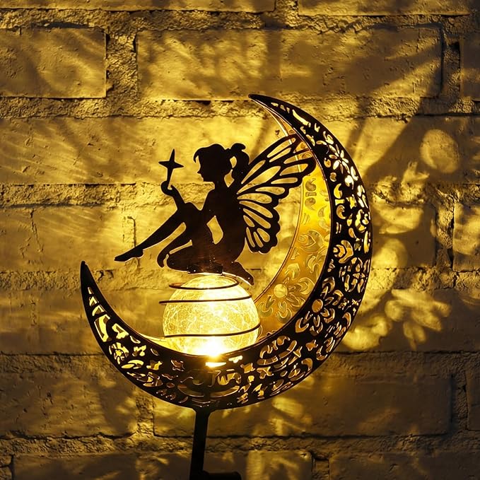 MEBRUDY Fairy Solar Garden Outdoor Decor Moon Figurine Light Stake Housewarming Ornament for Patio Lawn Yard Pathway Unique Gift Ideas for Gardening Mom Grandma Women