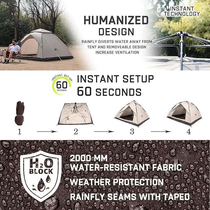 Happy Travel 1/2/3/4 Person Camping Tent Instant Easy Pop Up Tents for CampingAutomatic Waterproof Family Camping Tent Easy Set Up TentPortable Windproof Dome Tent for Camping Hiking &amp Traveli