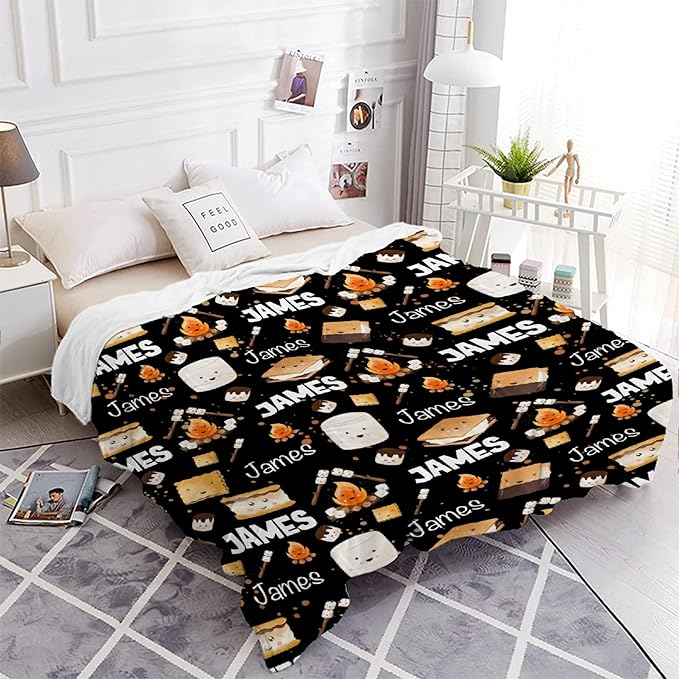 Custom S'Mores Blanket with Name | Personalized Marshmallow Blanket for Girls Boys | Ultra Soft Customized Cookie Throw for Couch/Sofa/Travel/Camping Home Decor - 60x80-Adults/Twin Size