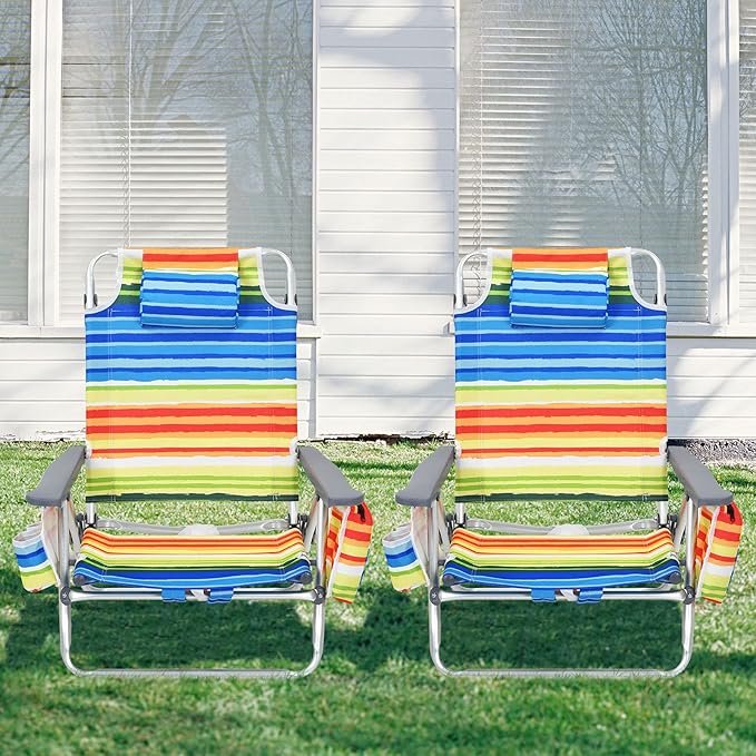 Giantex Folding Beach Chair Patio Sling Chairs with 5 Adjustable Position Head Pillow Storage Bag Towel Bar Cup Holders Backpack Chairs for Sunbathing Camping Chair