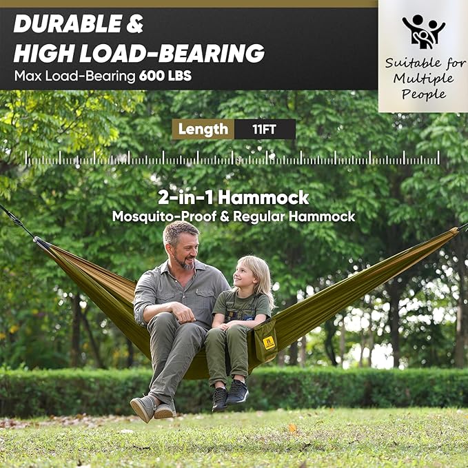 Camping Hammock with Mosquito Net 600 lbs Portable Hammock with Tree Straps2-in-1 Double/Single Travel hammocks Tent for Outside/Indoor/Backpacking/Beach-Green&ampKhaki