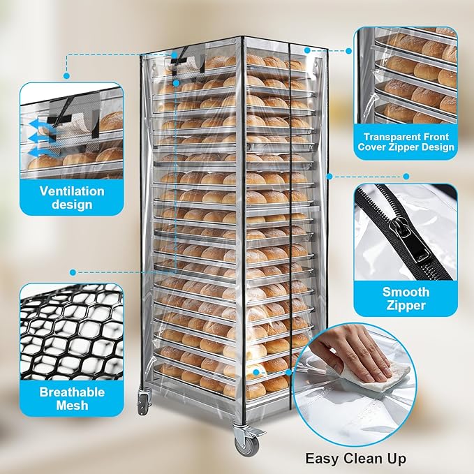 Bun Pan Sheet Rack CoverBread Speed Rack Cover with ZipperCommercial Bakery Racks 23x28x61Clear PVC Waterproof Dustproof Bread rack Cover with Breathable Mesh Vent (20-Tier TPU)