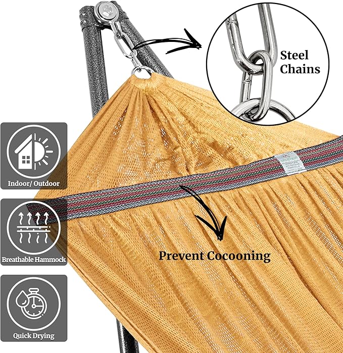 Tranquillo Universal Double Hammock with Stand Included for 2 Persons 600 lbs Capacity Portable Foldable with Case - Indoor Outdoor Camping Yellow