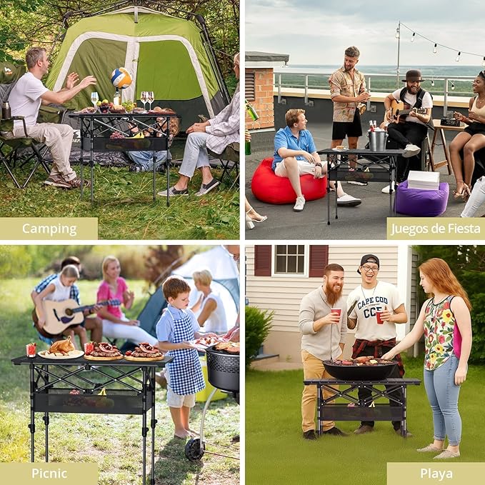 Anbte 3ft Aluminum Roll Top Camping Table Max 27.5 2 Adjustable Height Folding Camping Table Waterproof with Storage Net and Bag for BBQ Picnic Tailgating Backyard RV Travel 32.2” x 16” Pure Black