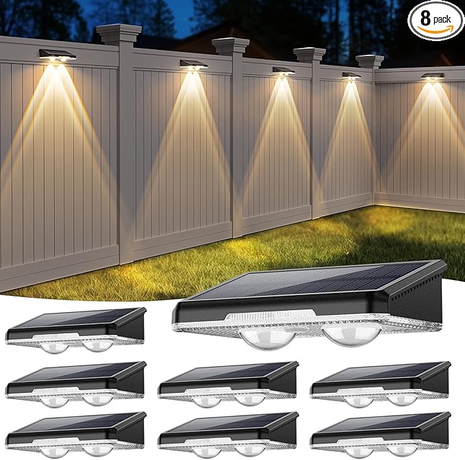Solar Fence Lights Outdoor 7 Fixed Colors ＆ Color Changing IP65 Waterproof Solar Powered Lights for Backyard/Patio/Fence/Wall/Deck/Step/Porch/Railings/Pool (8pack)