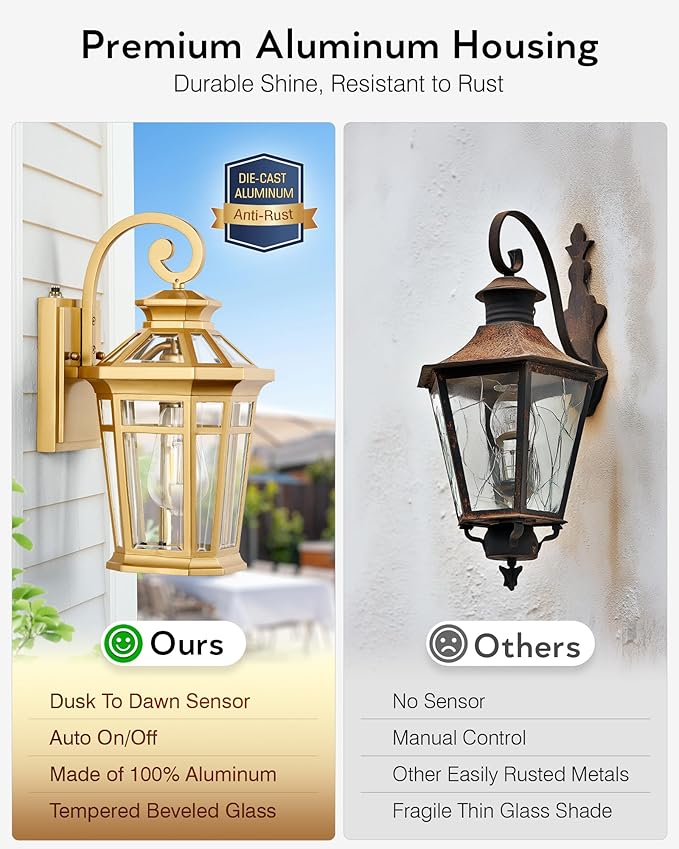 Outdoor Wall Lights Wall Mount 2-Pack Dusk to Dawn Front Porch Light Gold Modern Exterior Wall Sconce Exterior Garage Lighting Fixtures Weather Resistant Coach Lanterns Outdoor Anti-Rust