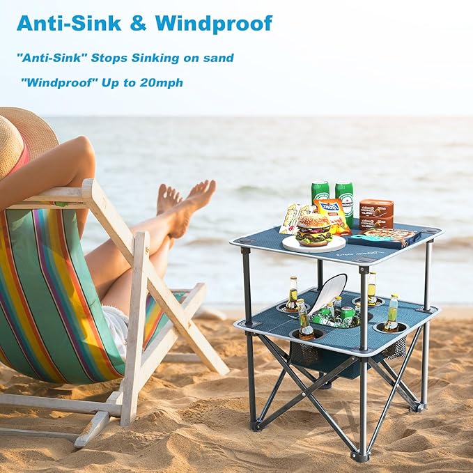 Folding Beach Table Camping Table for Sand with Insulated Cooler Storage &amp 4 Cup Holders Portable Pop Up Picnic Table Lightweight Side Table for Outdoor