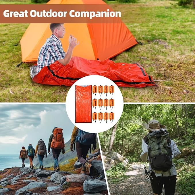 12-Piece Emergency Sleeping Bag Set with Whistle Waterproof Survival Bivvy Sack for Hiking Camping and Outdoor Survival