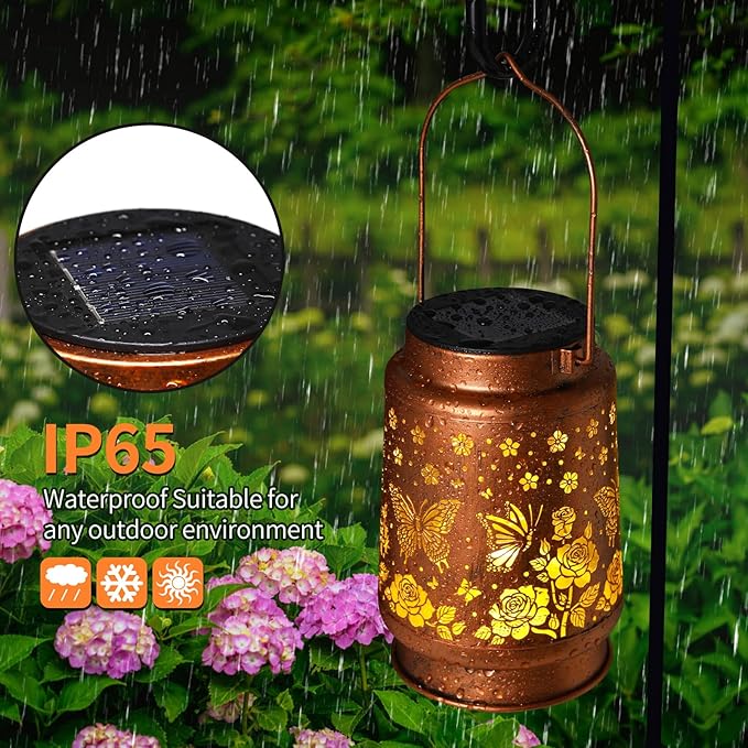 2 Pack Butterfly Solar Lanterns Outdoor Waterproof Rose Garden Decor Gifts for Women Mom Grandma Hanging Solar Lights Metal Lantern Decoration Outside for YardPatioBackyardPorch