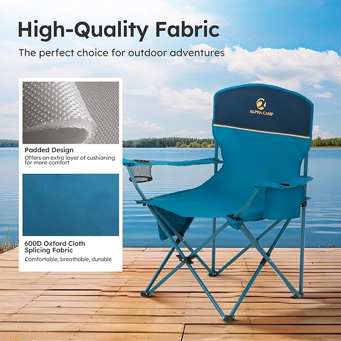LET'S CAMP Camping Chair 2 Pack Folding Chair with 3-Can Cooler Bag Portable Lawn Chair with Cup HolderStorage Pocket Supports 225LBS Collapsible Chair for Camp Beach Picnic (Blue)